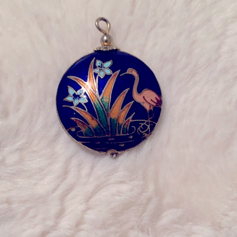 Cloisonné Pink Flamingo Blue Pendant
